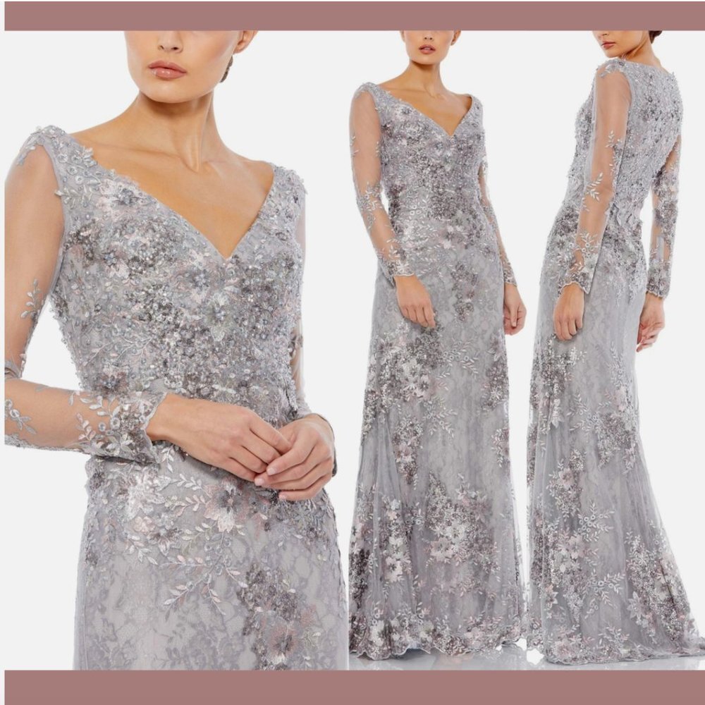 NEW $698 Mac Duggal [ 18 ] Embellished V-Neck‎ Illusion Long Sleeve Gown #Q474